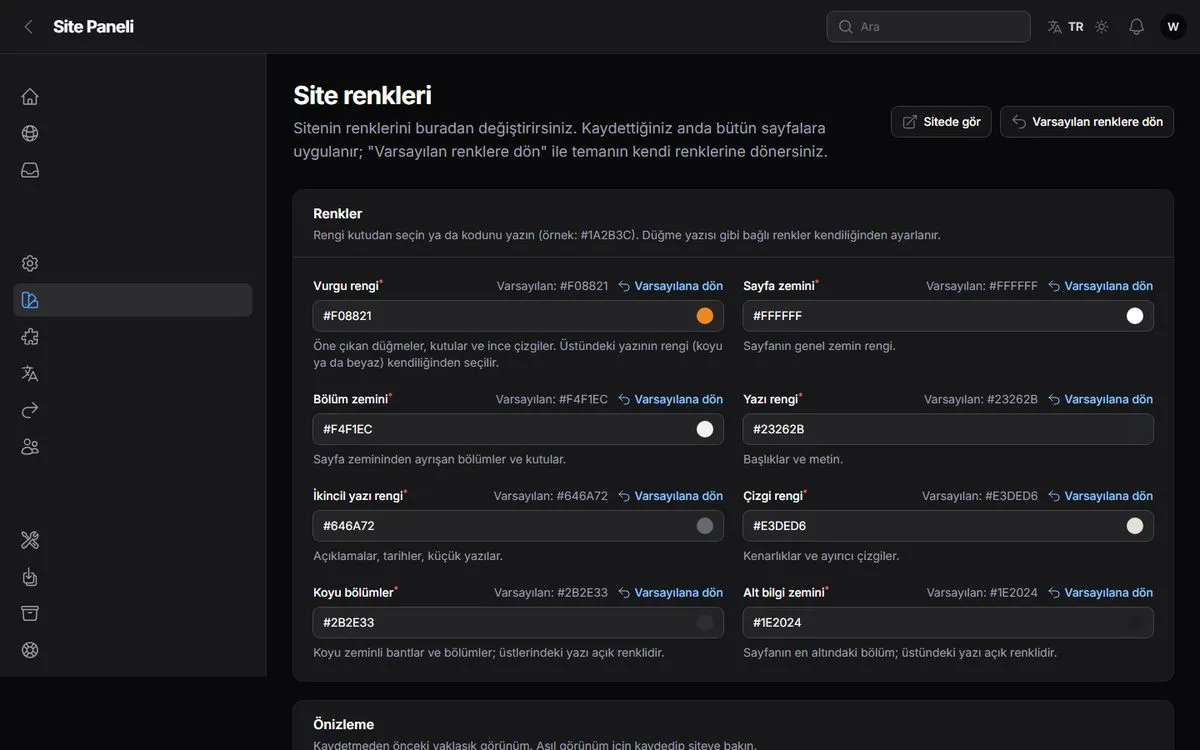 Site Paneli: site renkleri ekranı